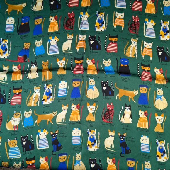 Whimsical assorted cats on silky green polyester with gold trim scarf, head wrap - Picture 5 of 15